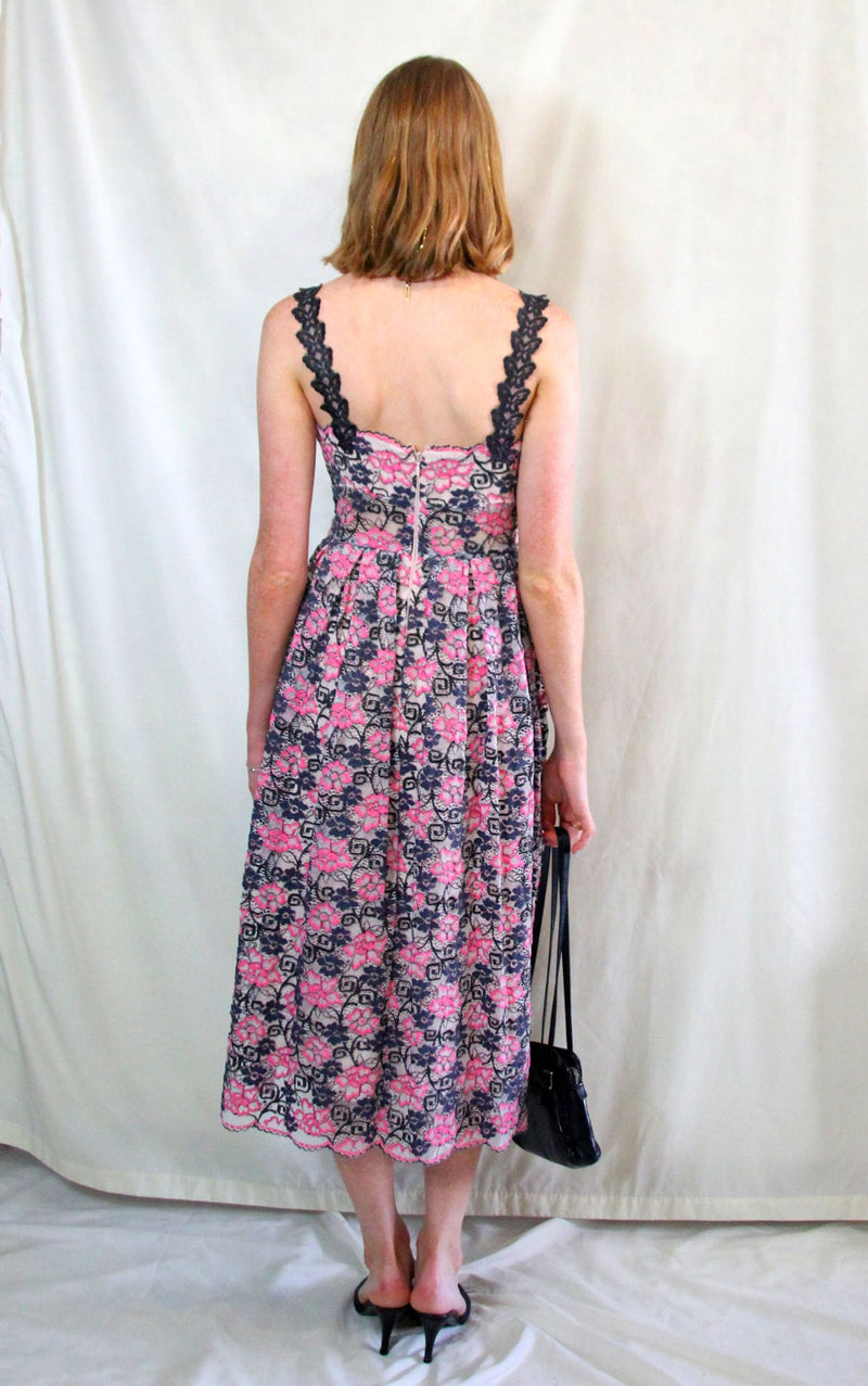 Rent pink and grey lace midi dress with cross over neck and customised straps  Size 10