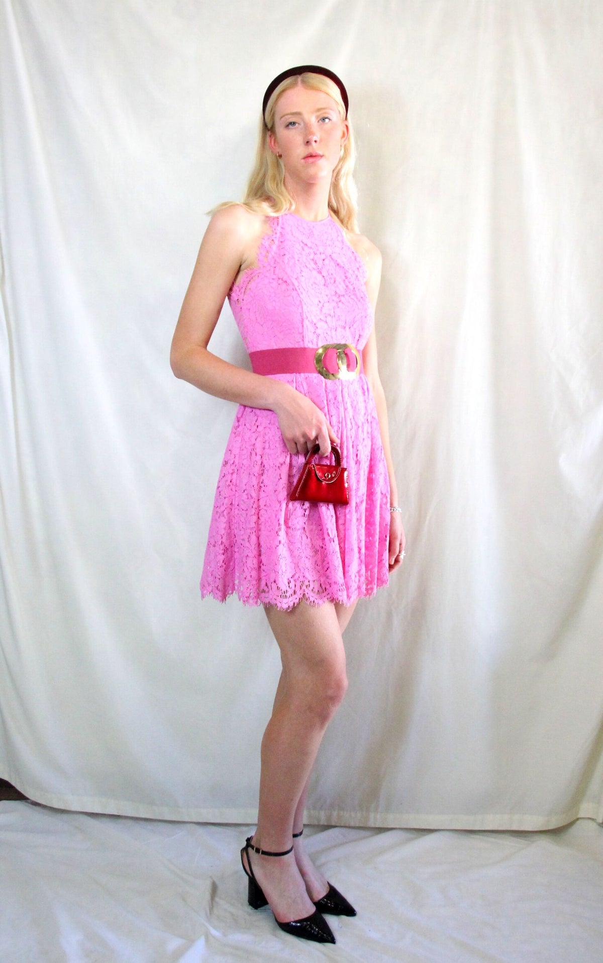 Rent bold pink mini lace skater dress and elasticated belt