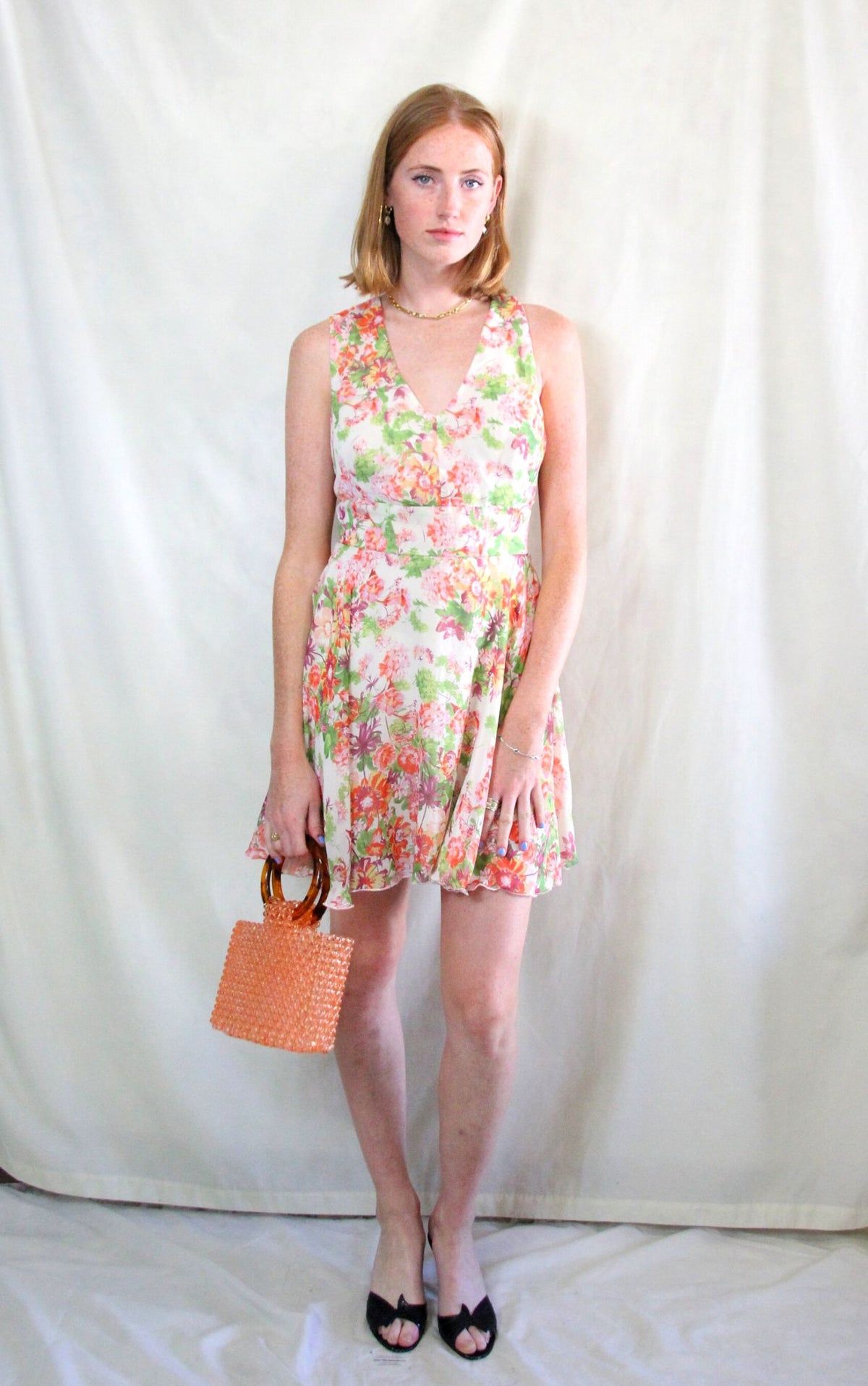 Rent Vintage floral cross back skater dress with side zip and ivory and garden print detail