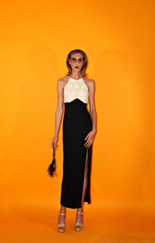 Rent black vintage maxi dress with ivory trim top and back zip to close