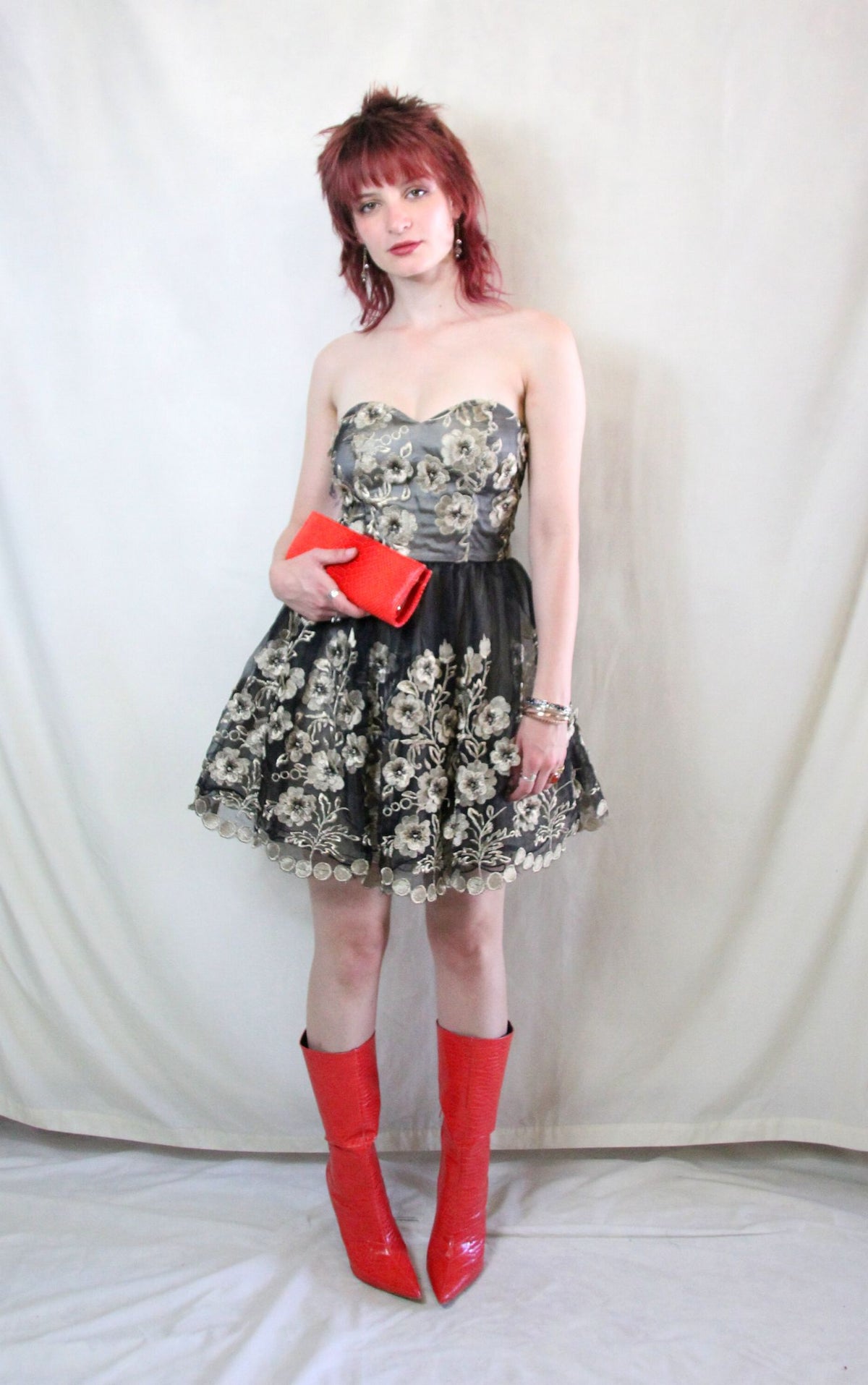 Rent petite black embroidered floral party dress