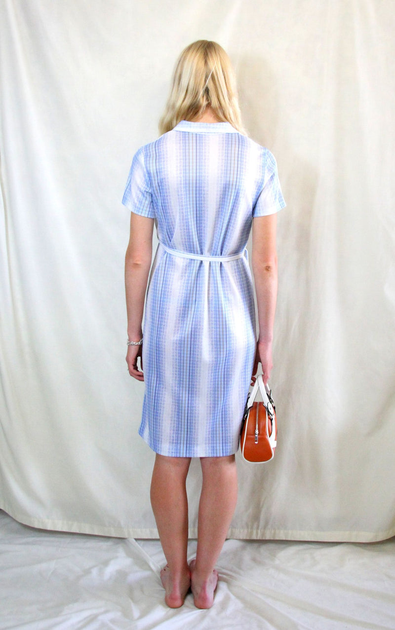 Rent vintage 1970's printed blue, white and brown midi airtex shirt dress