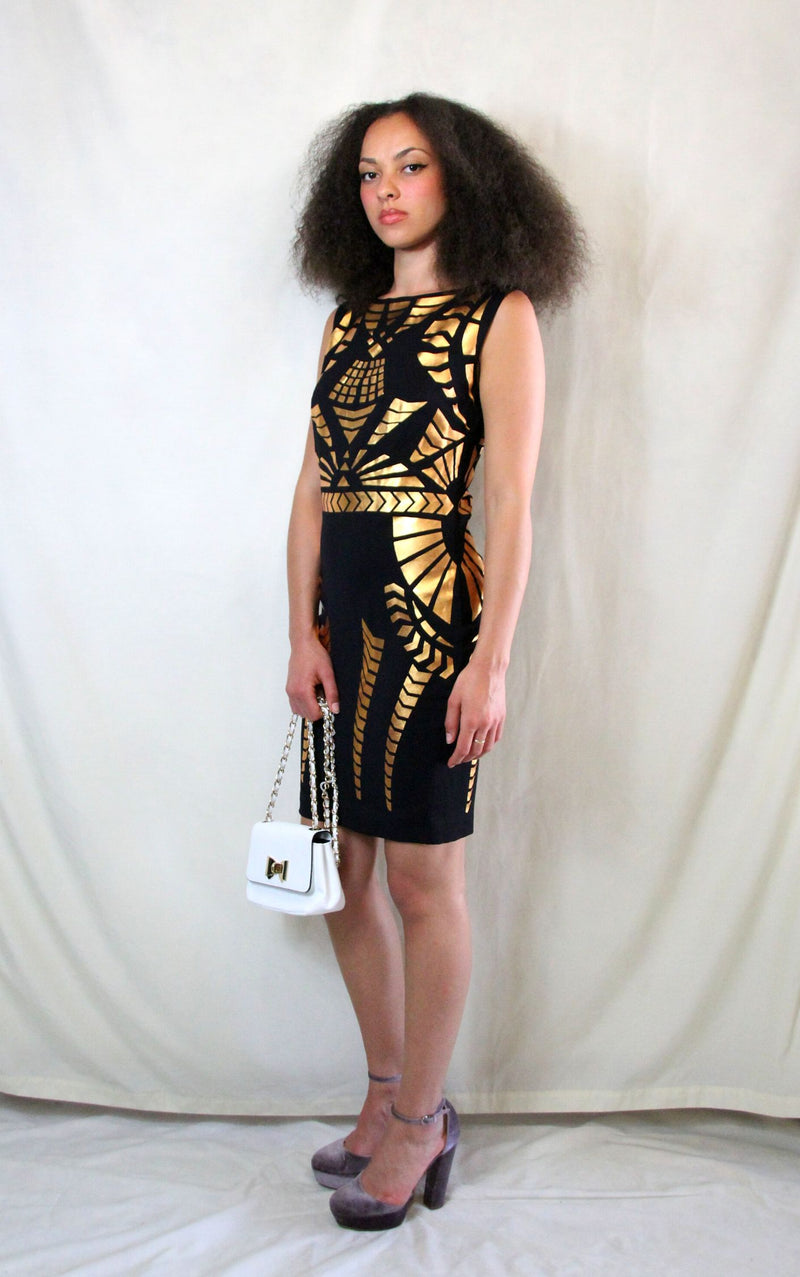 Rent Black pencil dress with gold gladiator print and back zip