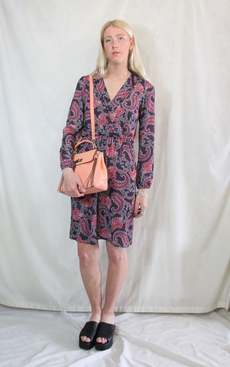 Paisley 1970s Style long sleeves wrap dress in purple and mauve print