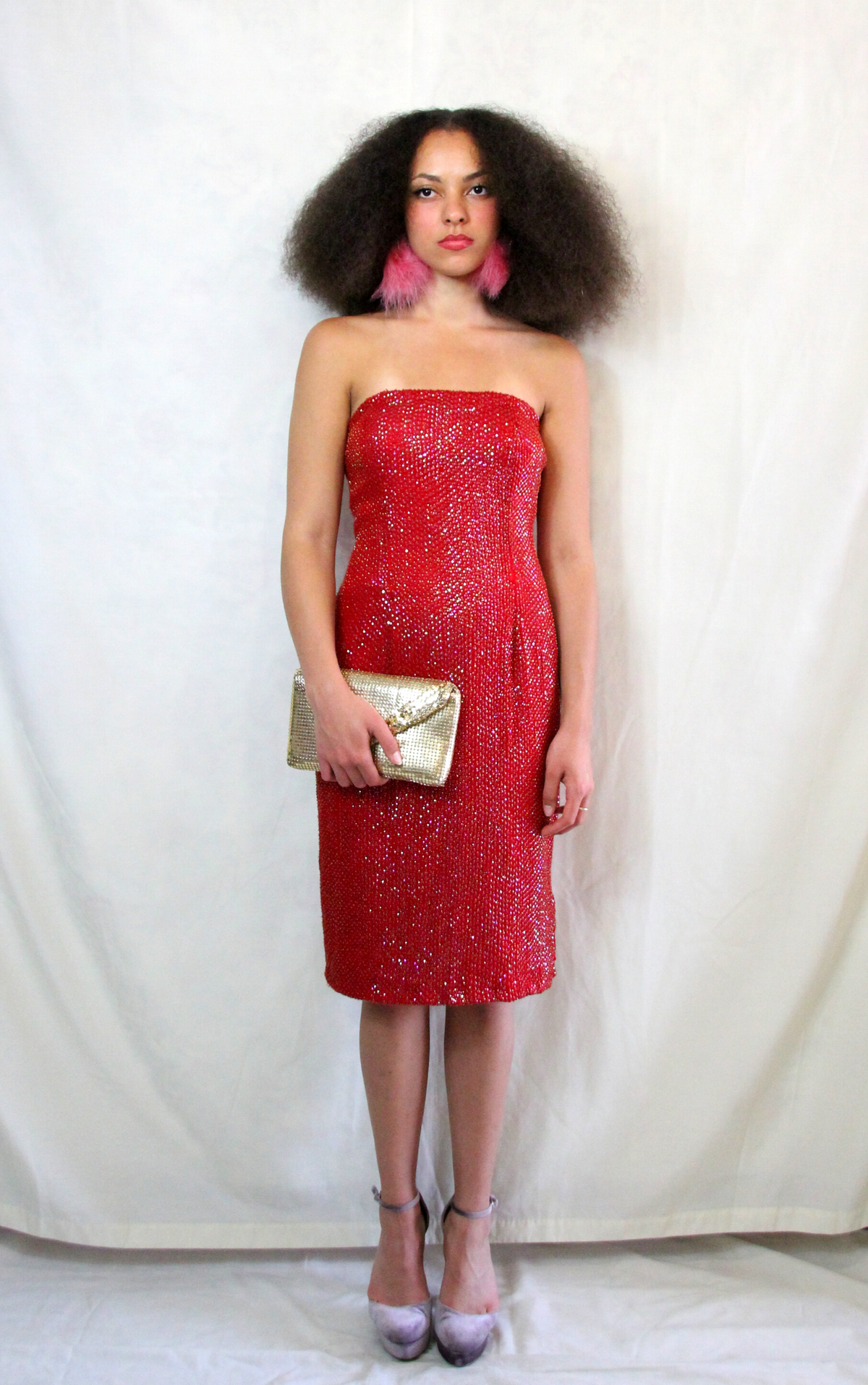 Rent red vintage sequin pencil dress in midi length in sleeveless style