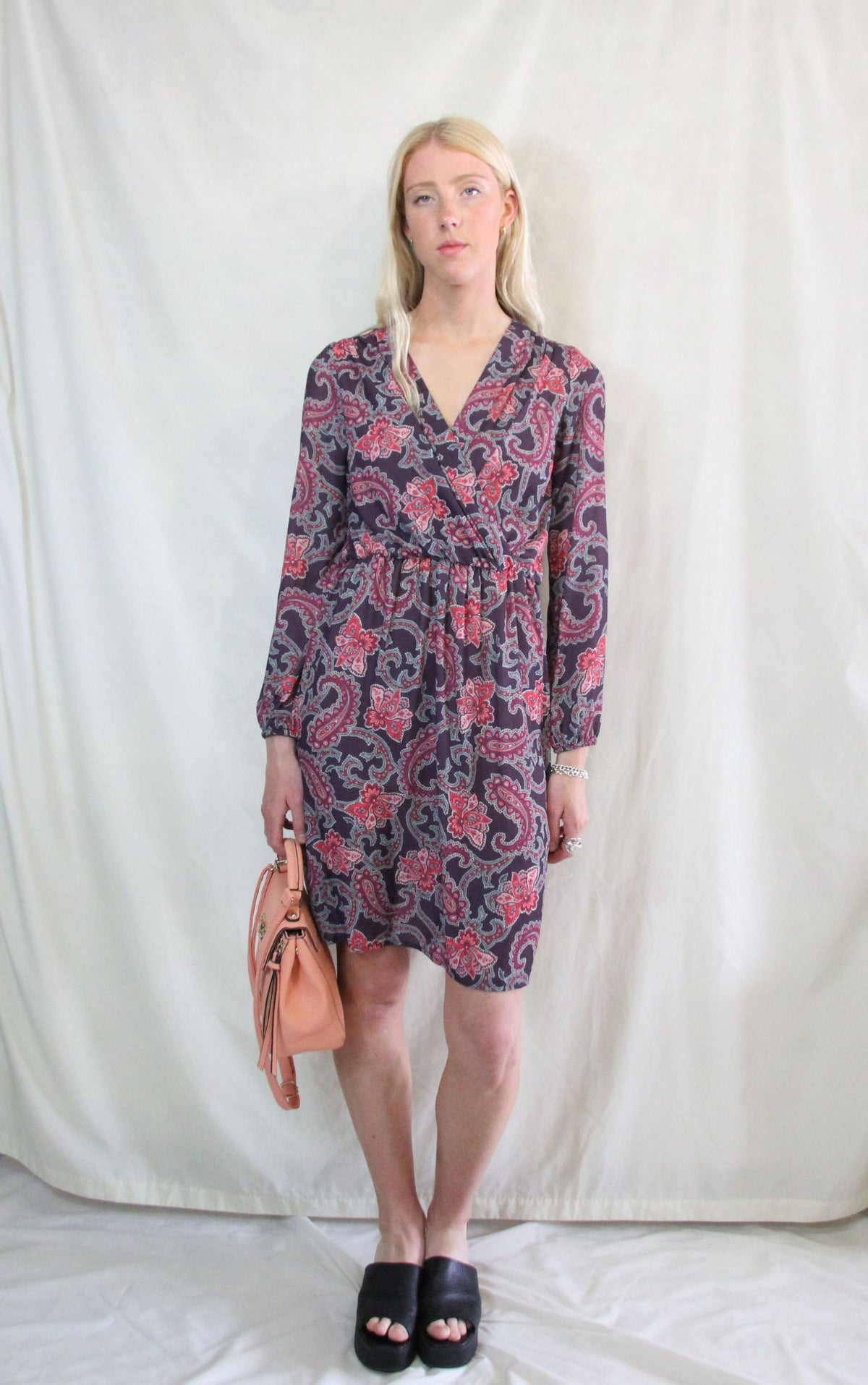 Paisley 1970s Style long sleeves wrap dress in purple and mauve print