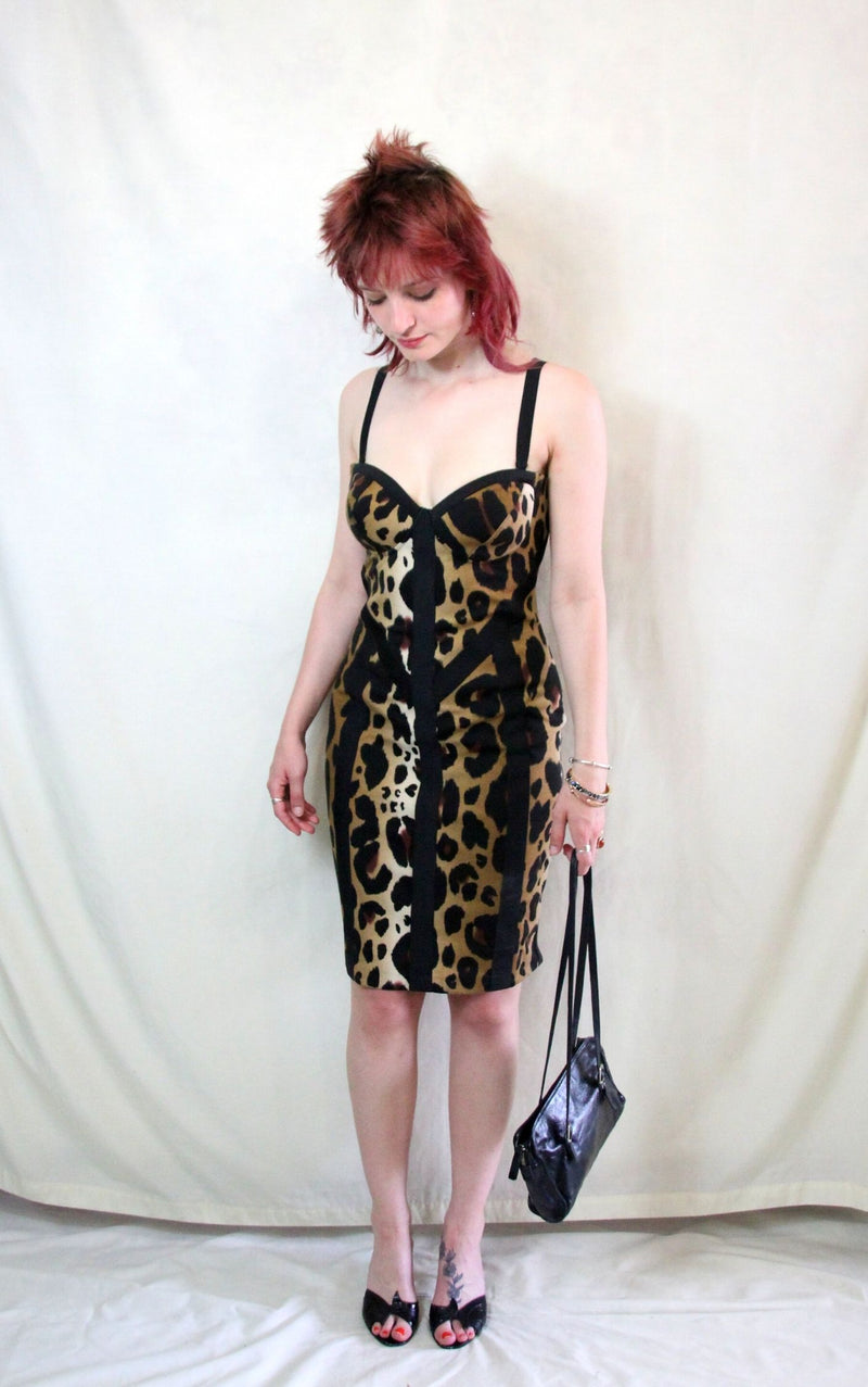 Rent Body Con Leopard Print Party Dress with detachable straps and front cups and back zip