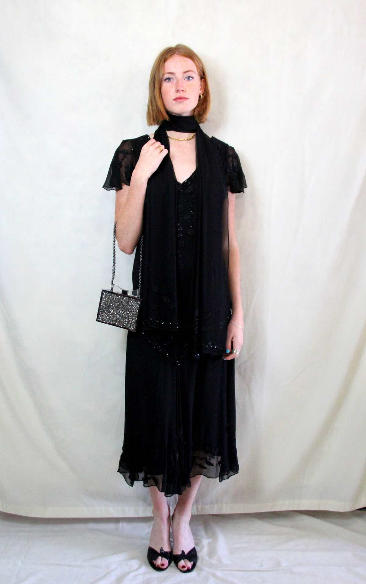 Rent vintage chiffon black Gatsby dress with 1920s modern day finish and matching scarf