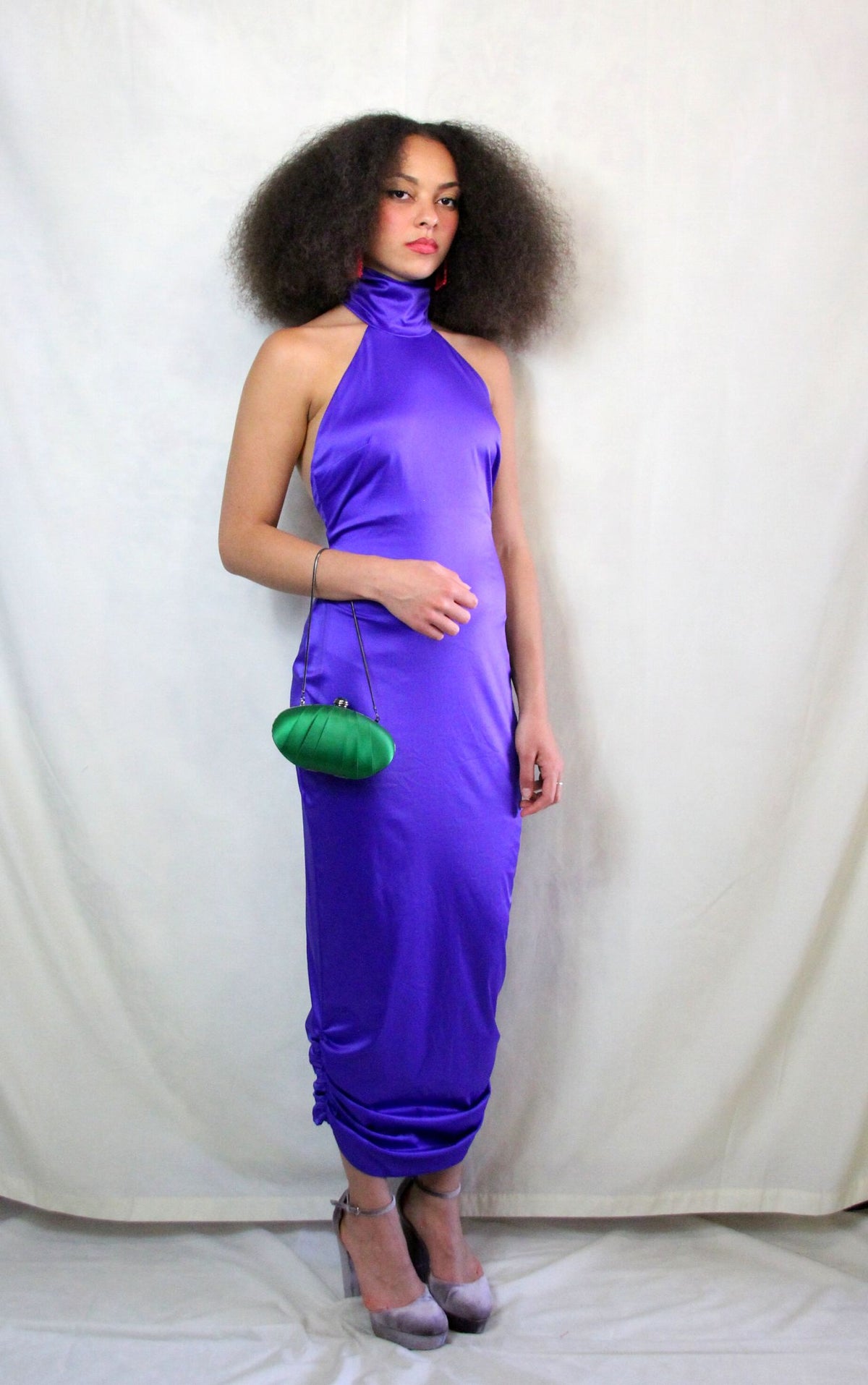 Rent Satin look bright purple maxi dress with high neck halter neck, backless button up detailed collar and back zip Rent Satin look bright purple maxi dress with high neck halter neck, backless button up detailed collar and back zip