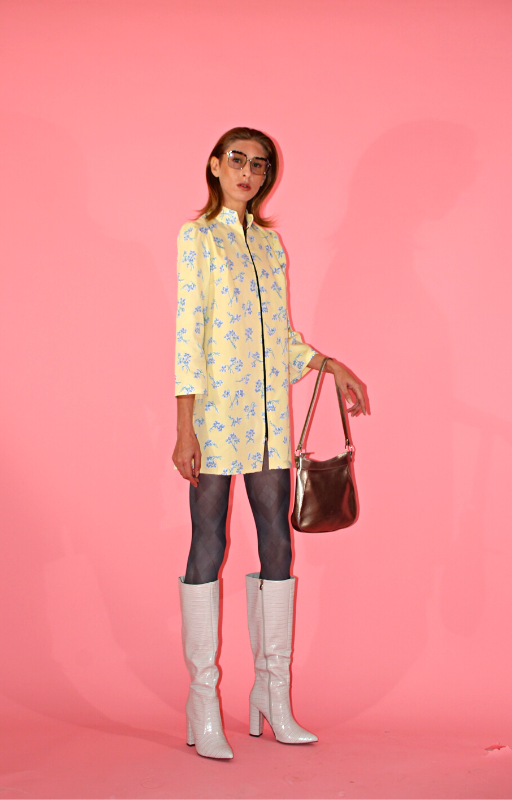 Rent upcycled 1960s shirt dress with modern day full front zip to close