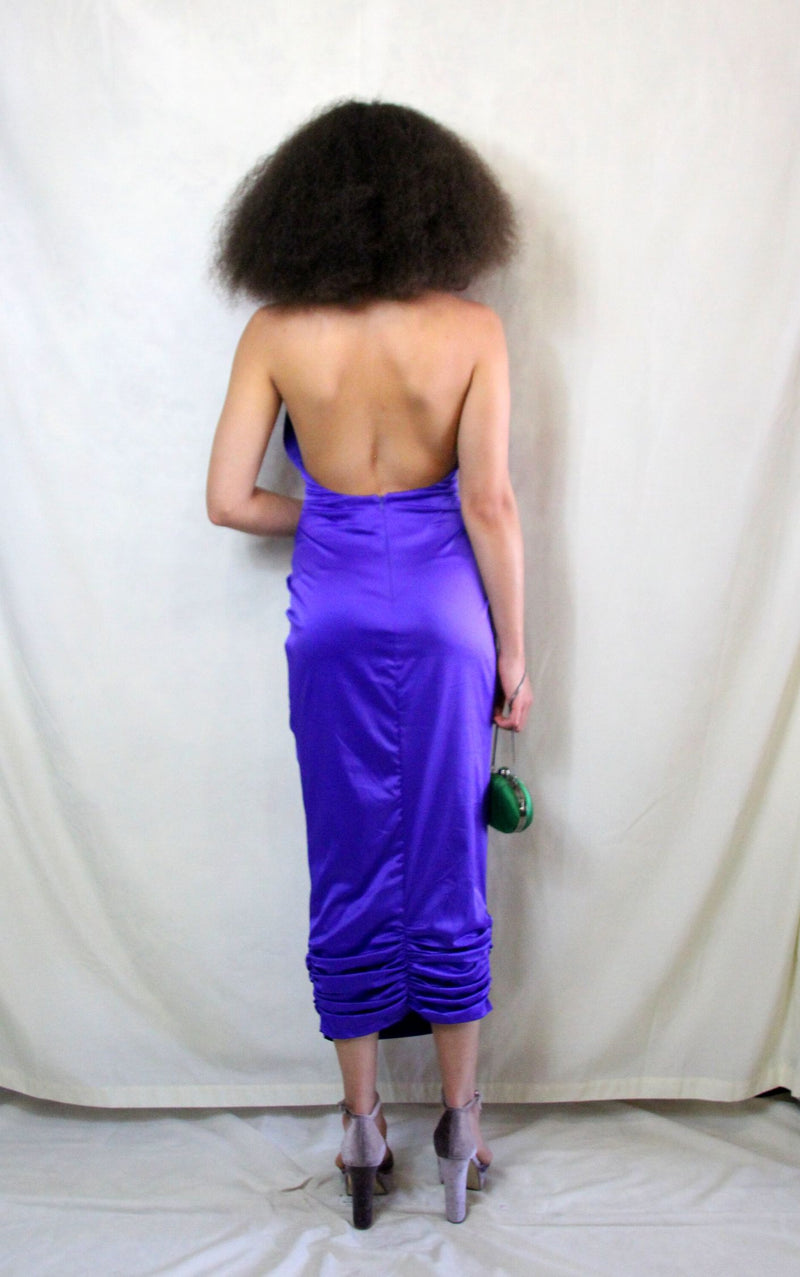 Rent Satin look bright purple maxi dress with high neck halter neck, backless button up detailed collar and back zip