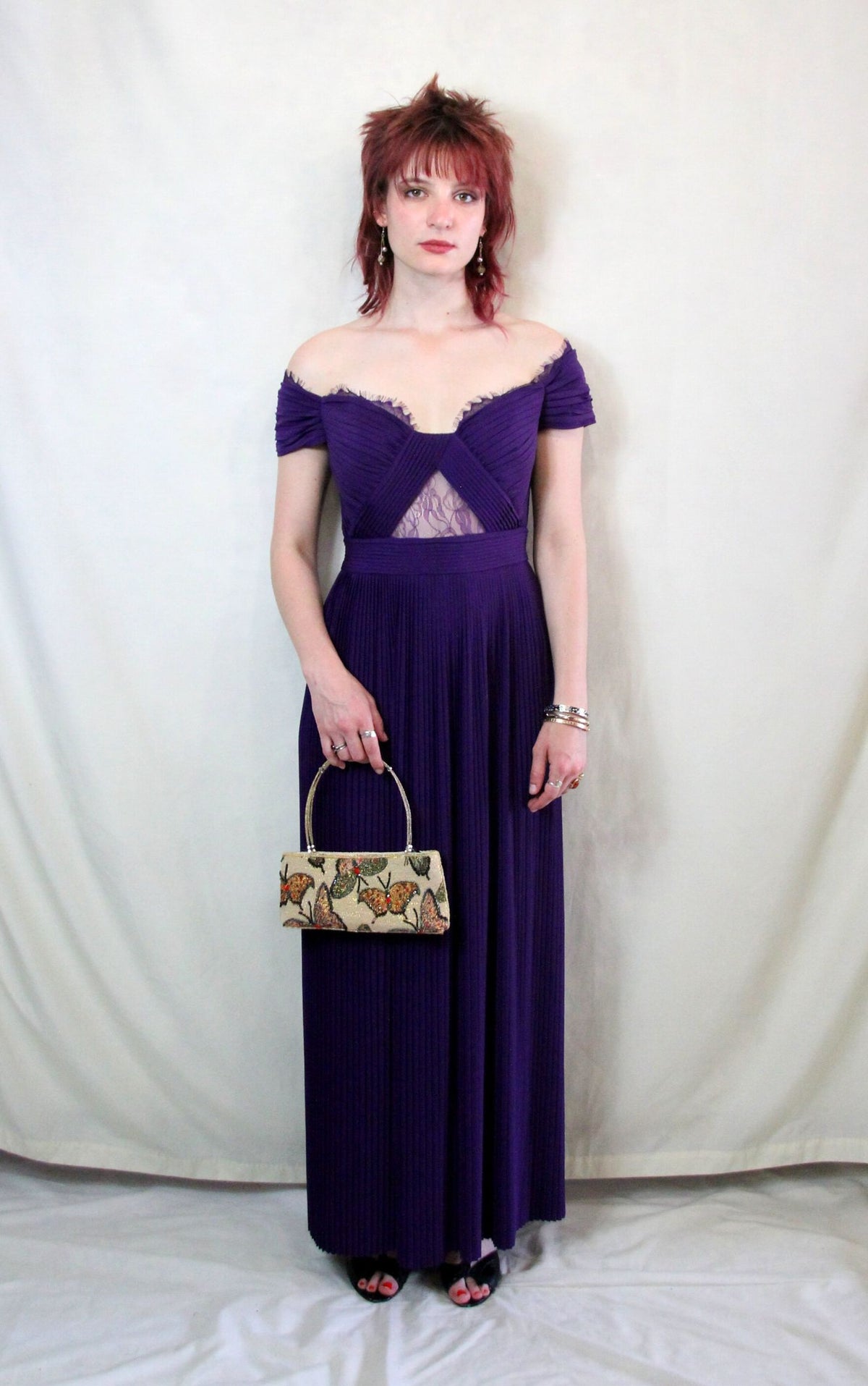 Rent purple pleat Bardot maxi prom dress with pleat skirt