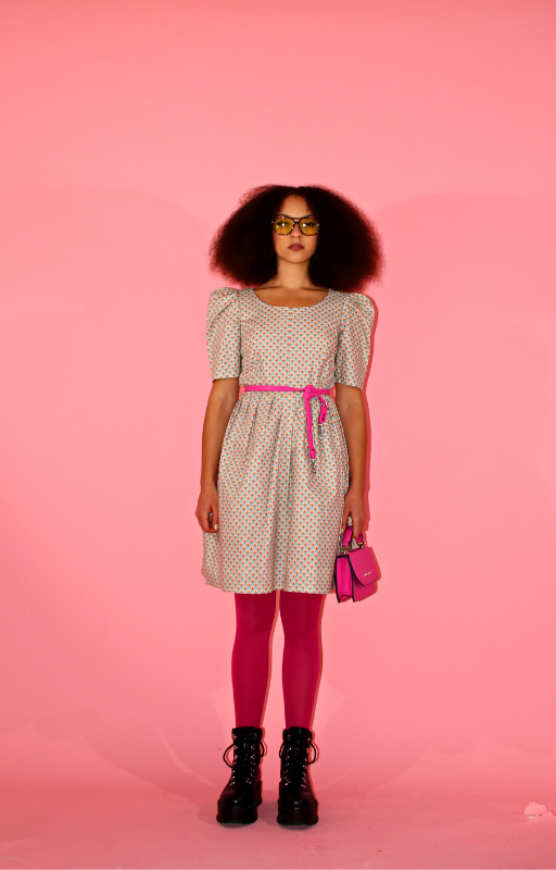 Rent upcycled 1980s inspired skater dress with modern day pleated skirt and green back zip