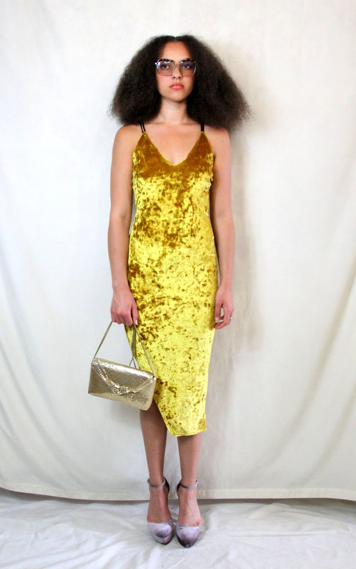 Rent crushed velvet mustard body con dress with shoe string straps and side split