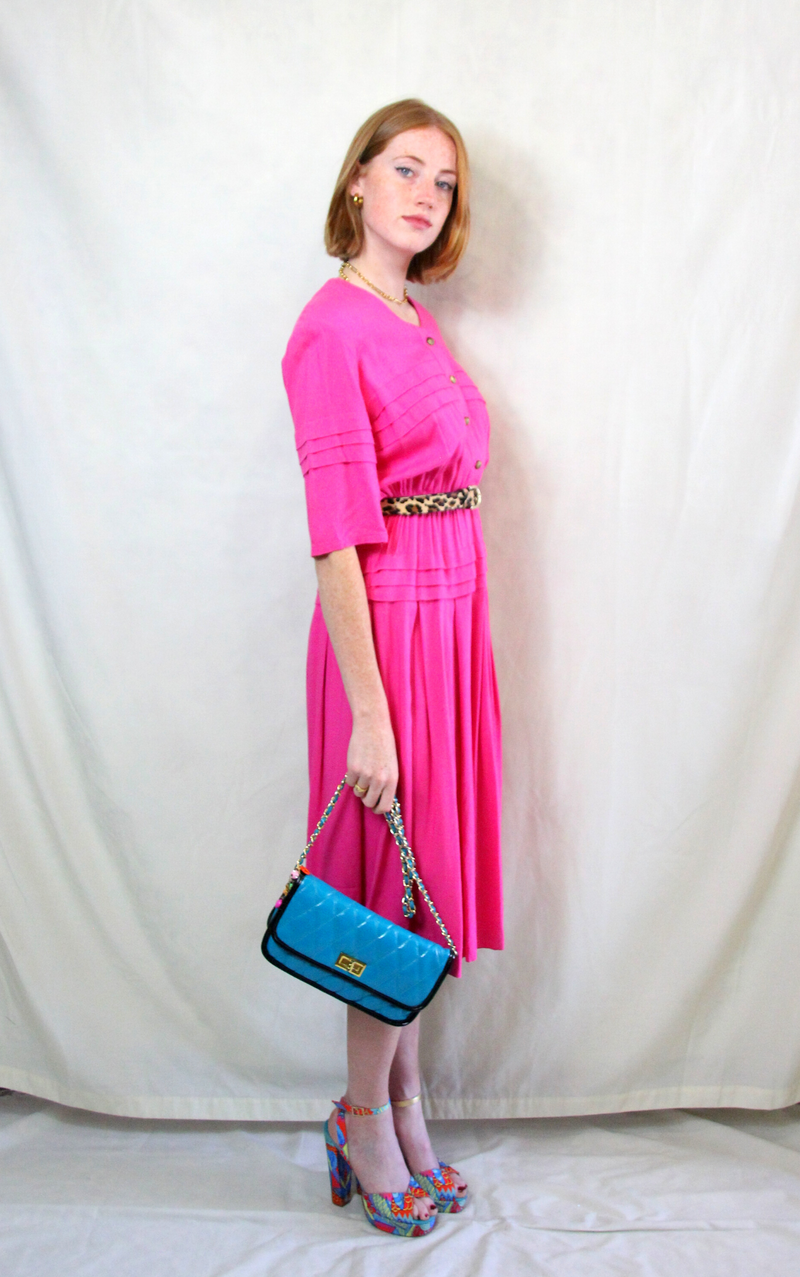 Rent Vintage Fuchsia Pink Midi Dress with skater skirt and front gold plated shell detail buttons