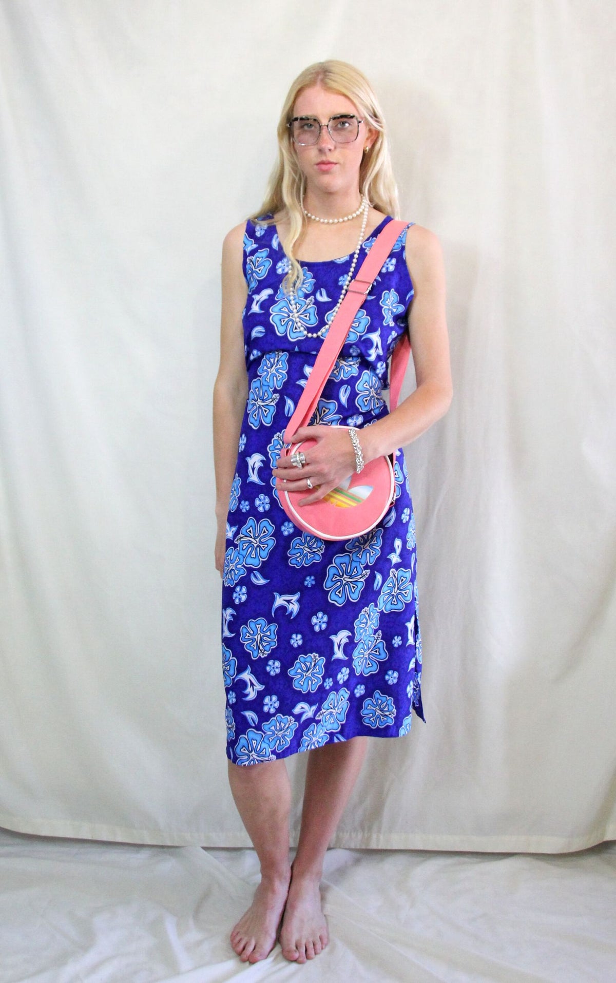 Rent Vintage cobalt blue scarf print midi sun dress with matching tie