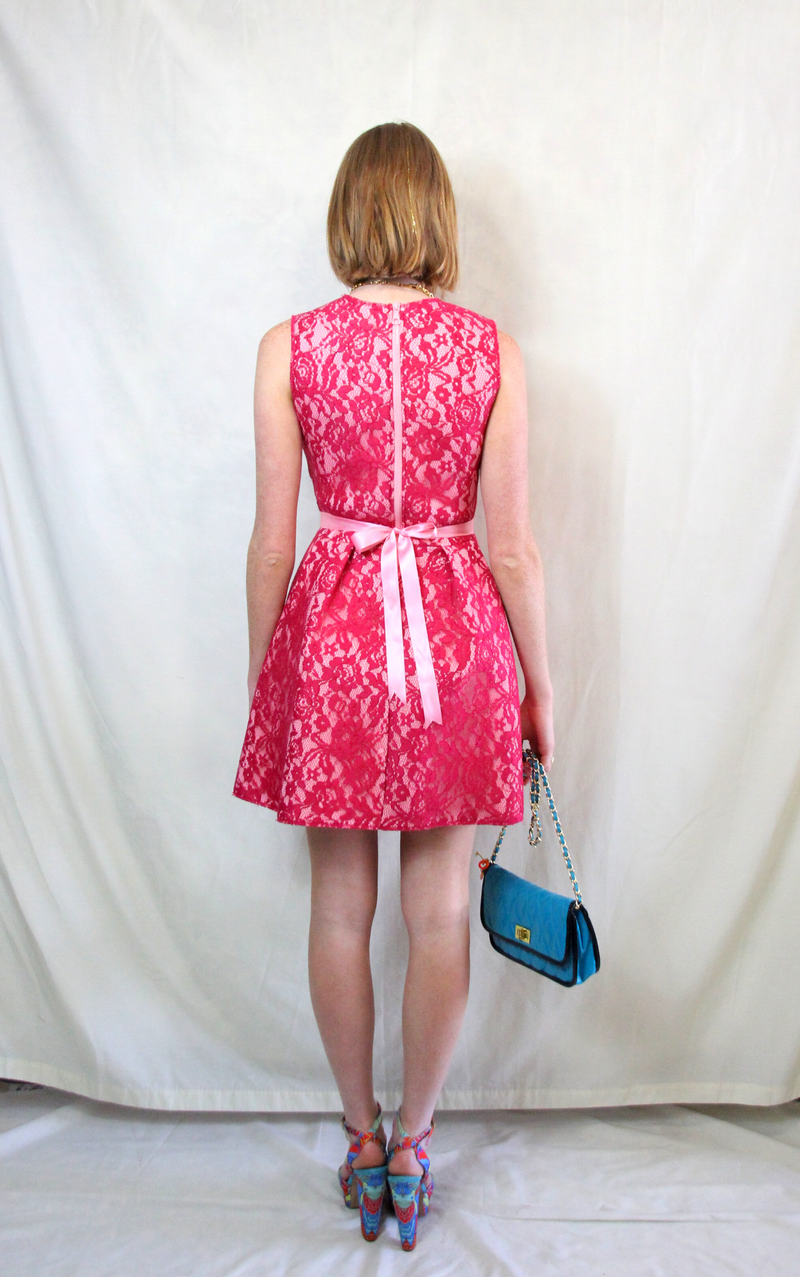 Fuchsia pink mini sleeveless lace skater dress in scuba material and lace overlay