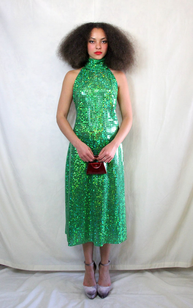 Rent emerald green maxi dress with halter neck back and high neck back tie bow