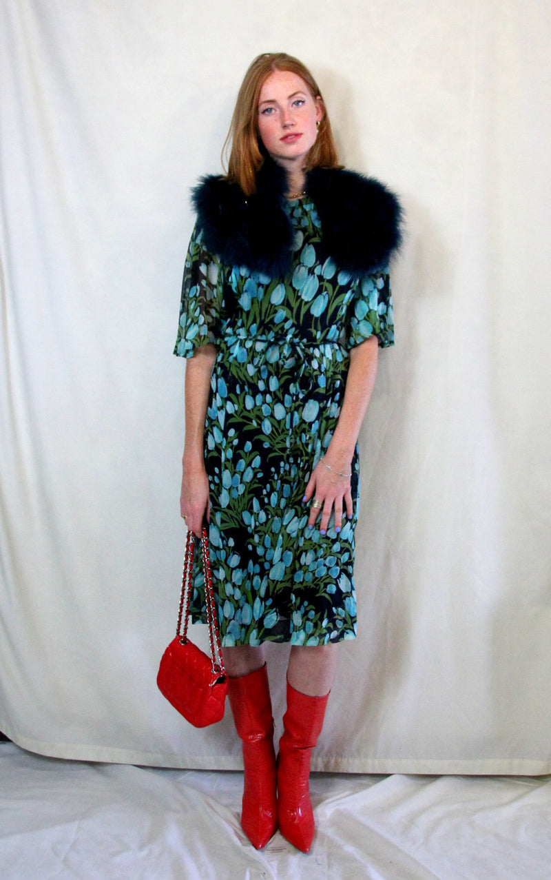 1990s Vintage floral print midi skater dress with tulip floral print in turquoise blue base