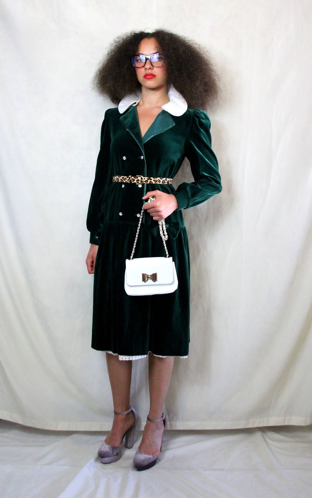 Rent Italian couture emerald green vintage dress with white detachable collar