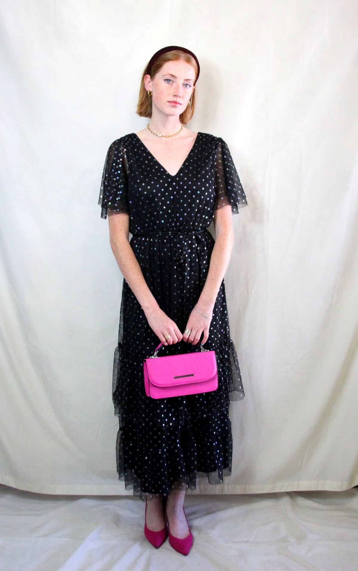 Rent black tulle maxi dress with floaty sleeves and matching waist belt