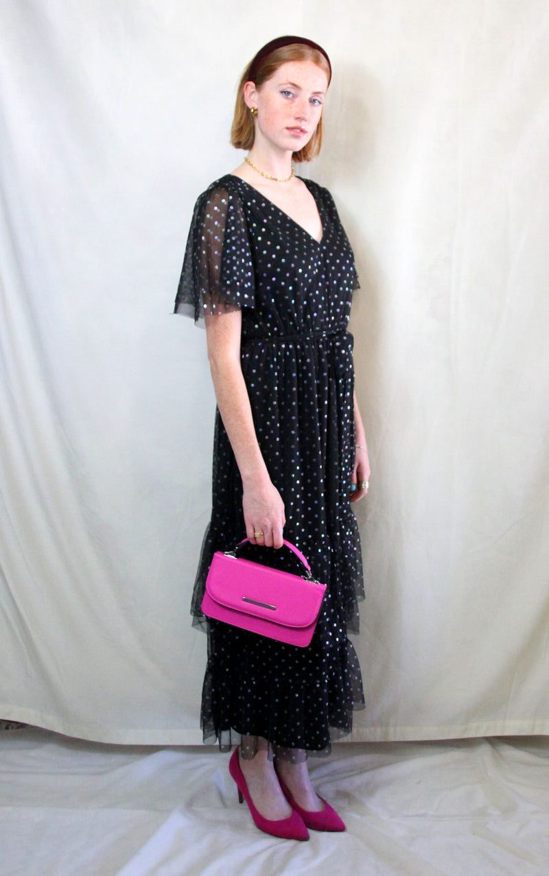Rent black tulle maxi dress with floaty sleeves and matching waist belt