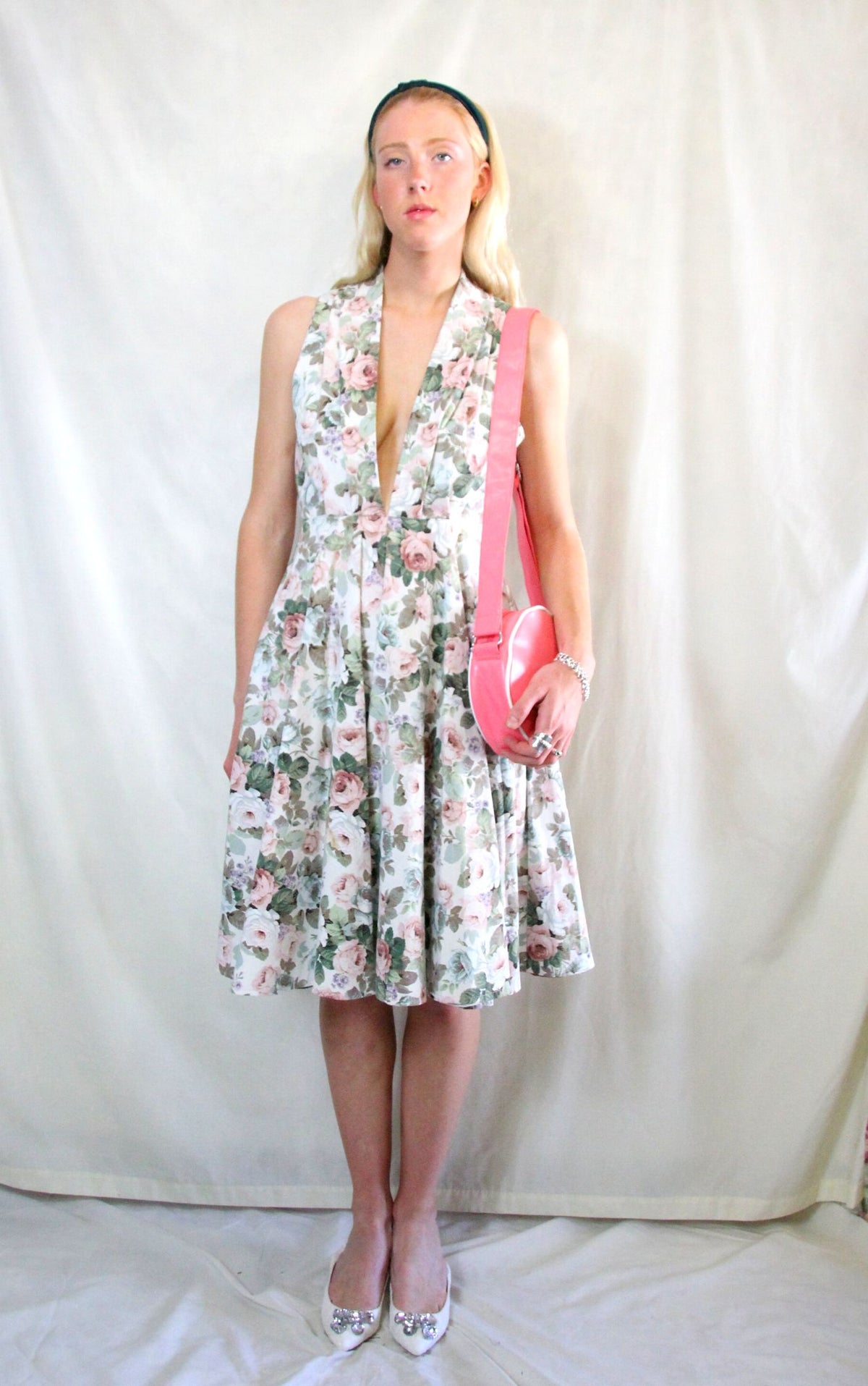 Rent upcycled floral halter neck midi dress made from vintage Sanderson curtains