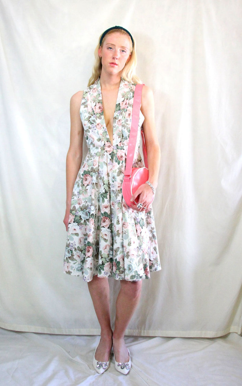 Rent upcycled floral halter neck midi dress made from vintage Sanderson curtains