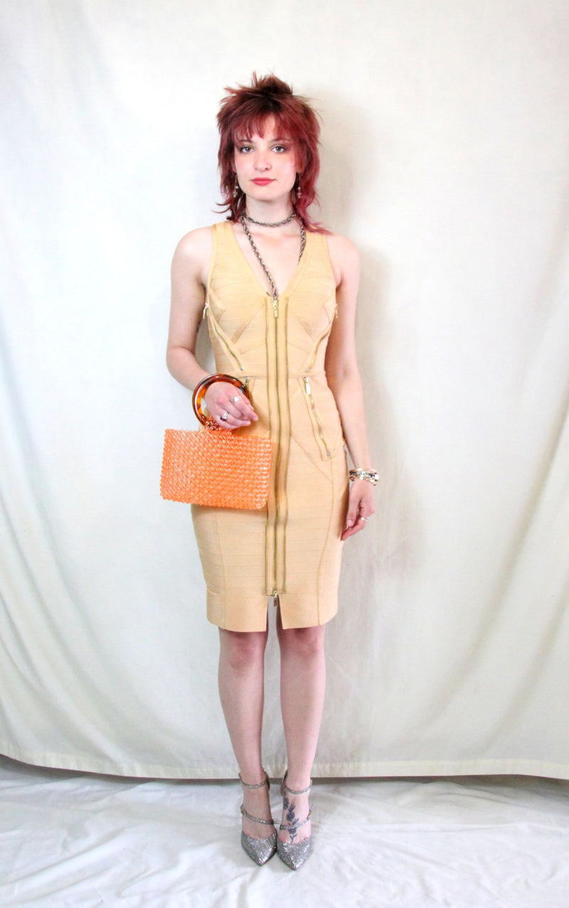 Rent gold Y2K bandage dress with zip details in body con style