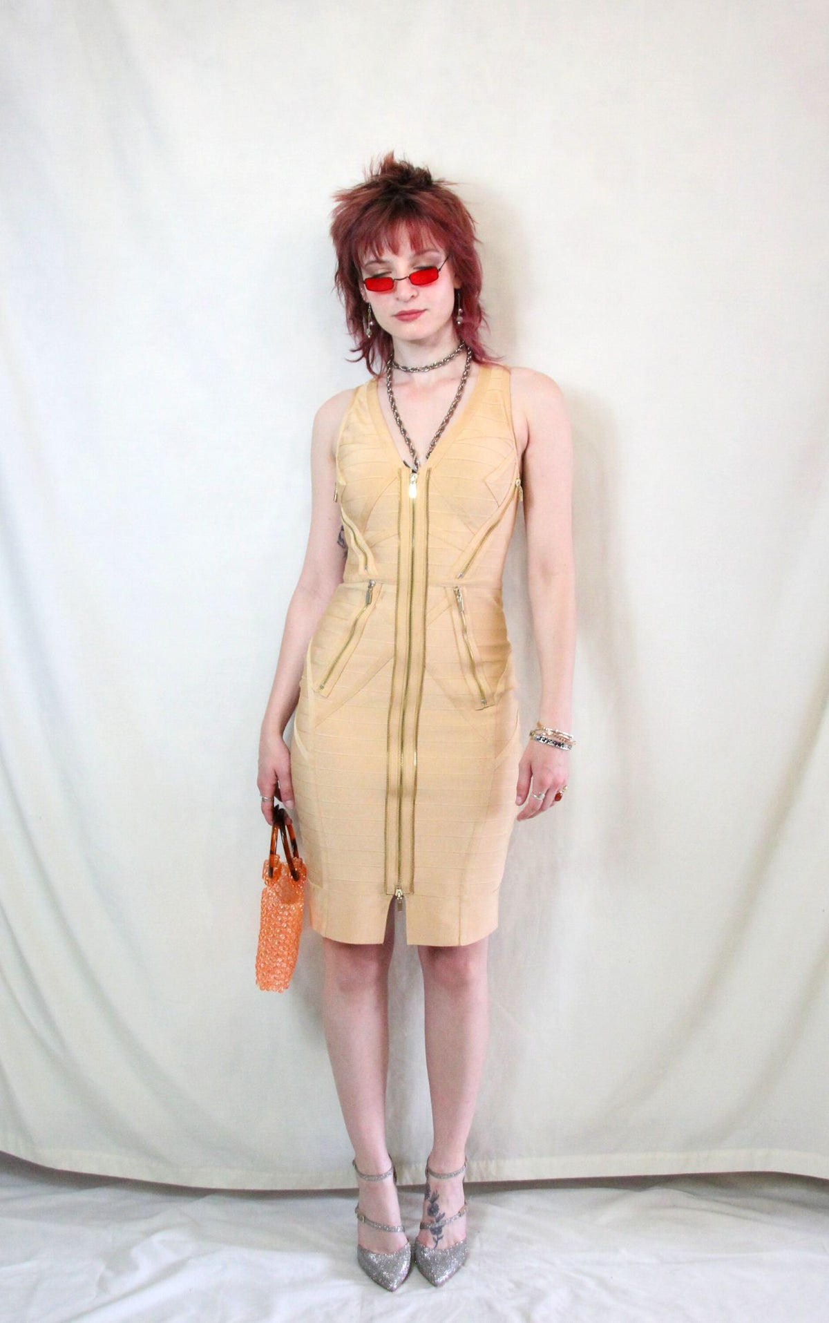 Rent gold Y2K bandage dress with zip details in body con style