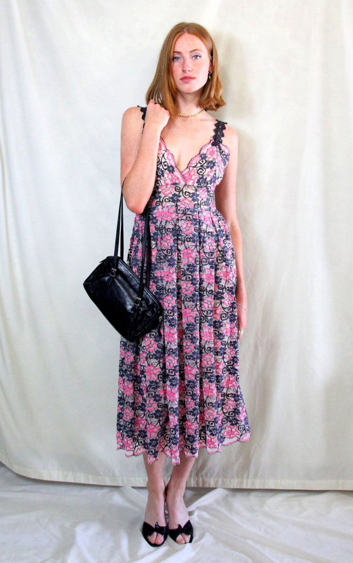 Rent pink and grey lace midi dress with cross over neck and customised straps  Size 10