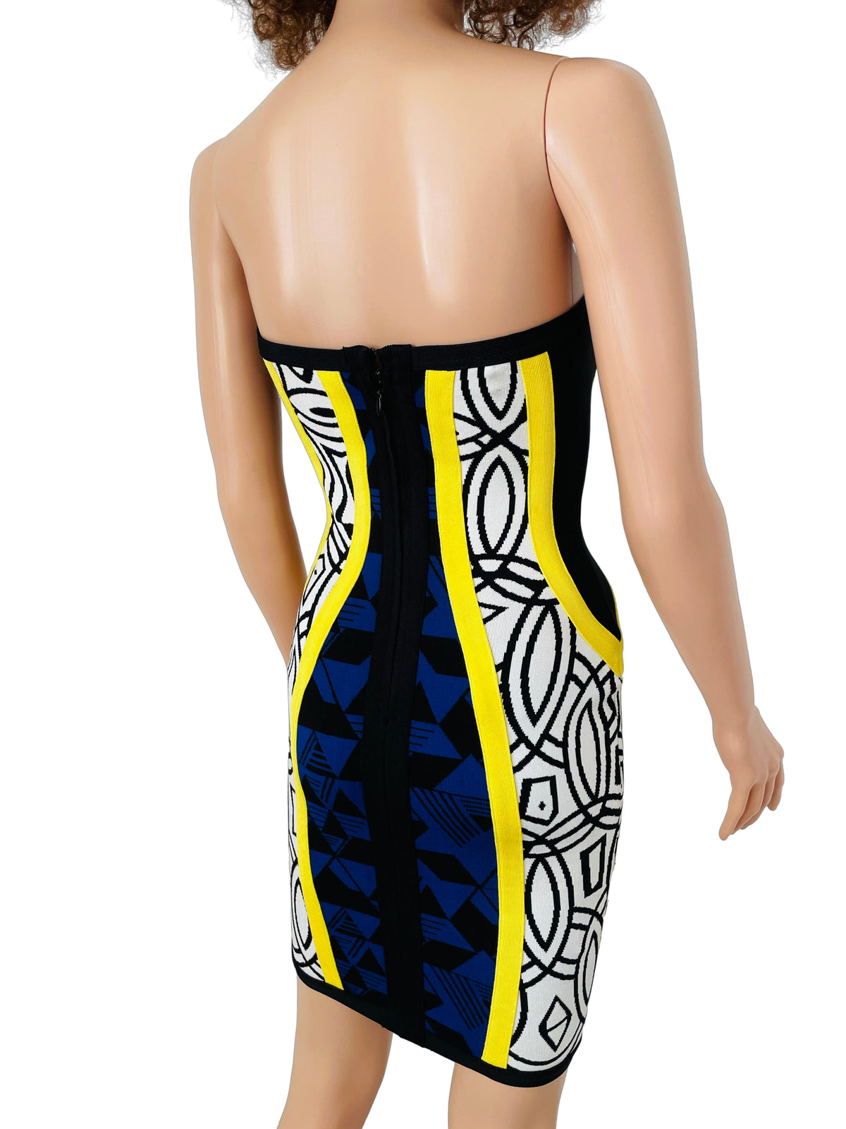 Rent Blue, Black and Yellow Patterned Bandage Mini Dress with high quality back zip