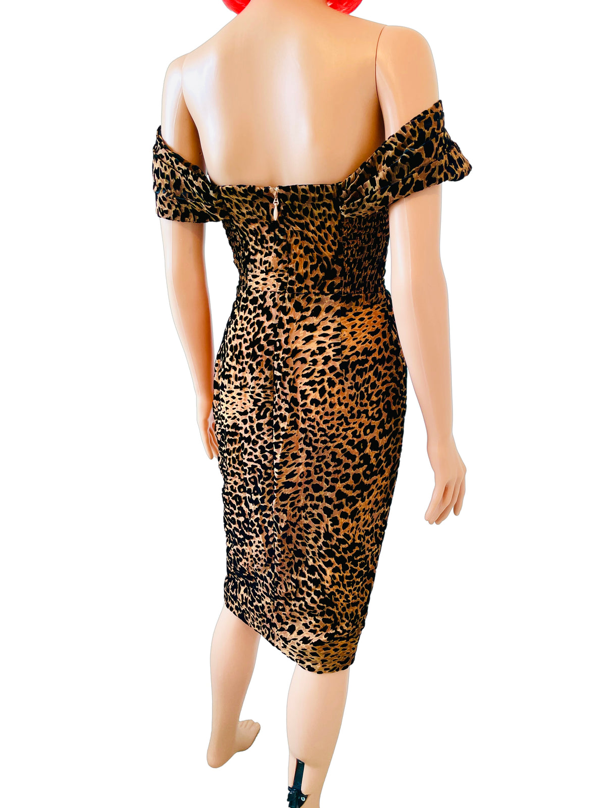 Rent Leopard print off the shoulder bra cup midi pencil dress