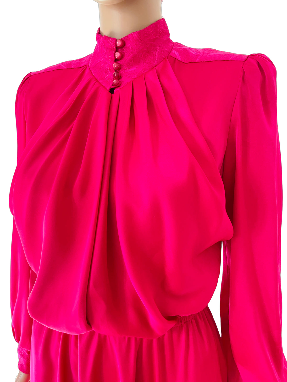 Rent Vintage 1940's style midi dress in fuchsia pink material high neck with matching buttons.
