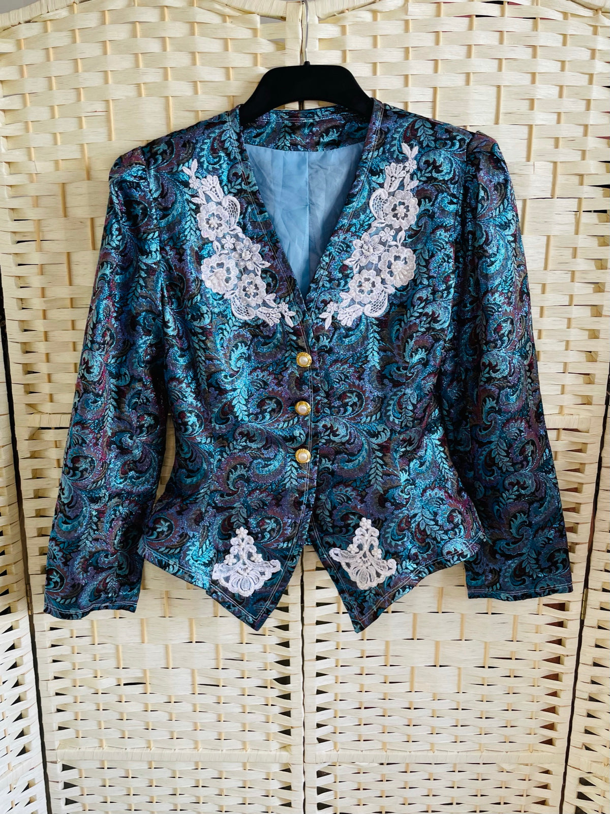 Rent Vintage couture jacquard blazer jacket Rent Vintage and pre-loved fashion rentals, designer rentals, designer bag rental, wedding dress rental, dress alterations and tailoring, Bristol Vintage and pre-loved fashion rentals, Bristol dress hire, dress rental, Bristol alterations