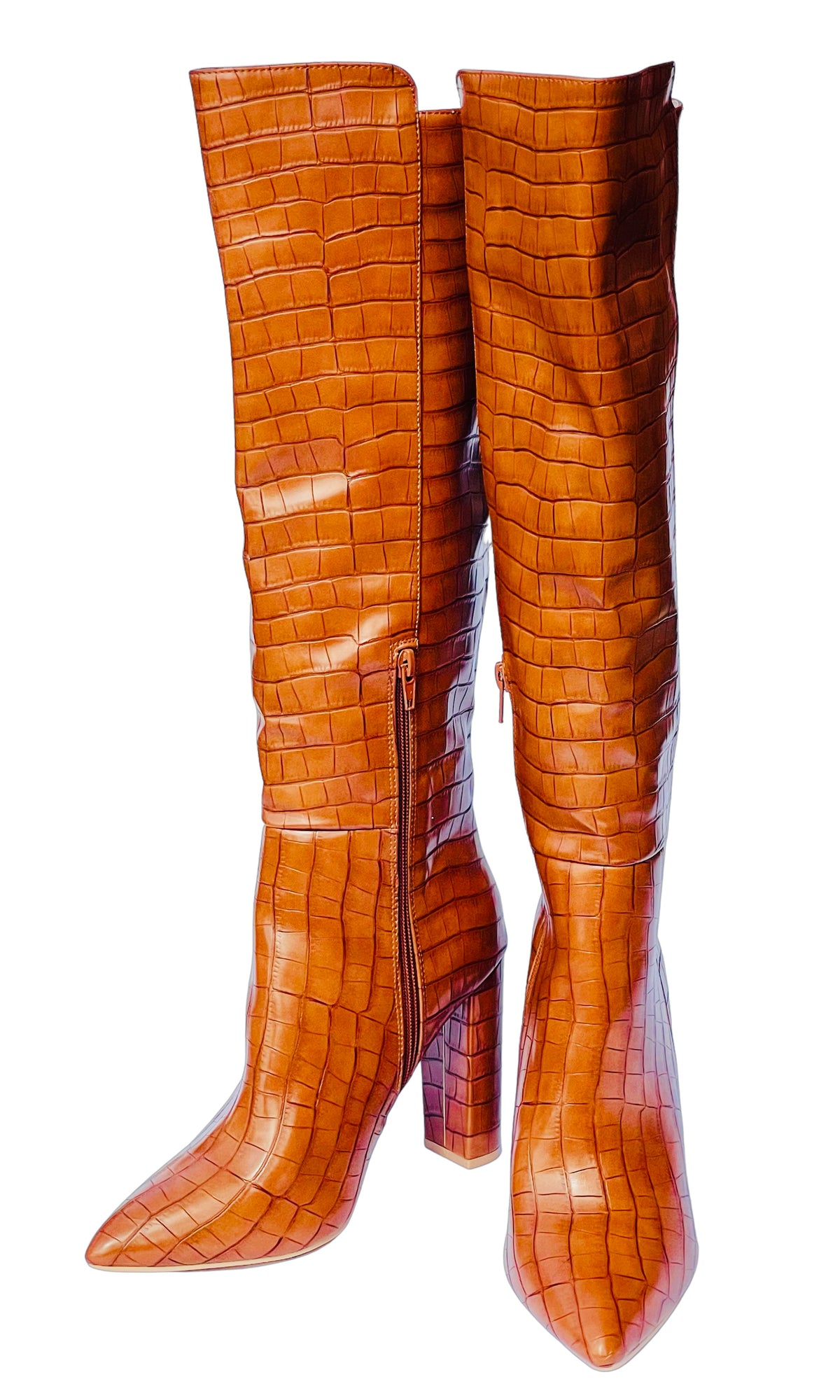 Rent Tan knee high croc boots