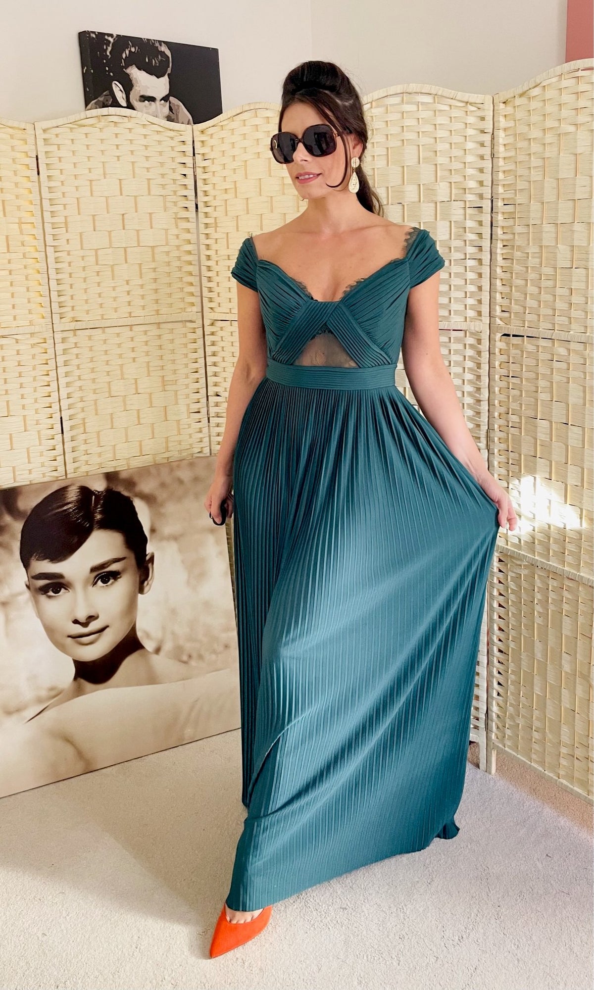 Rent emerald green pleat Bardot maxi prom dress with pleat skirt and back zip