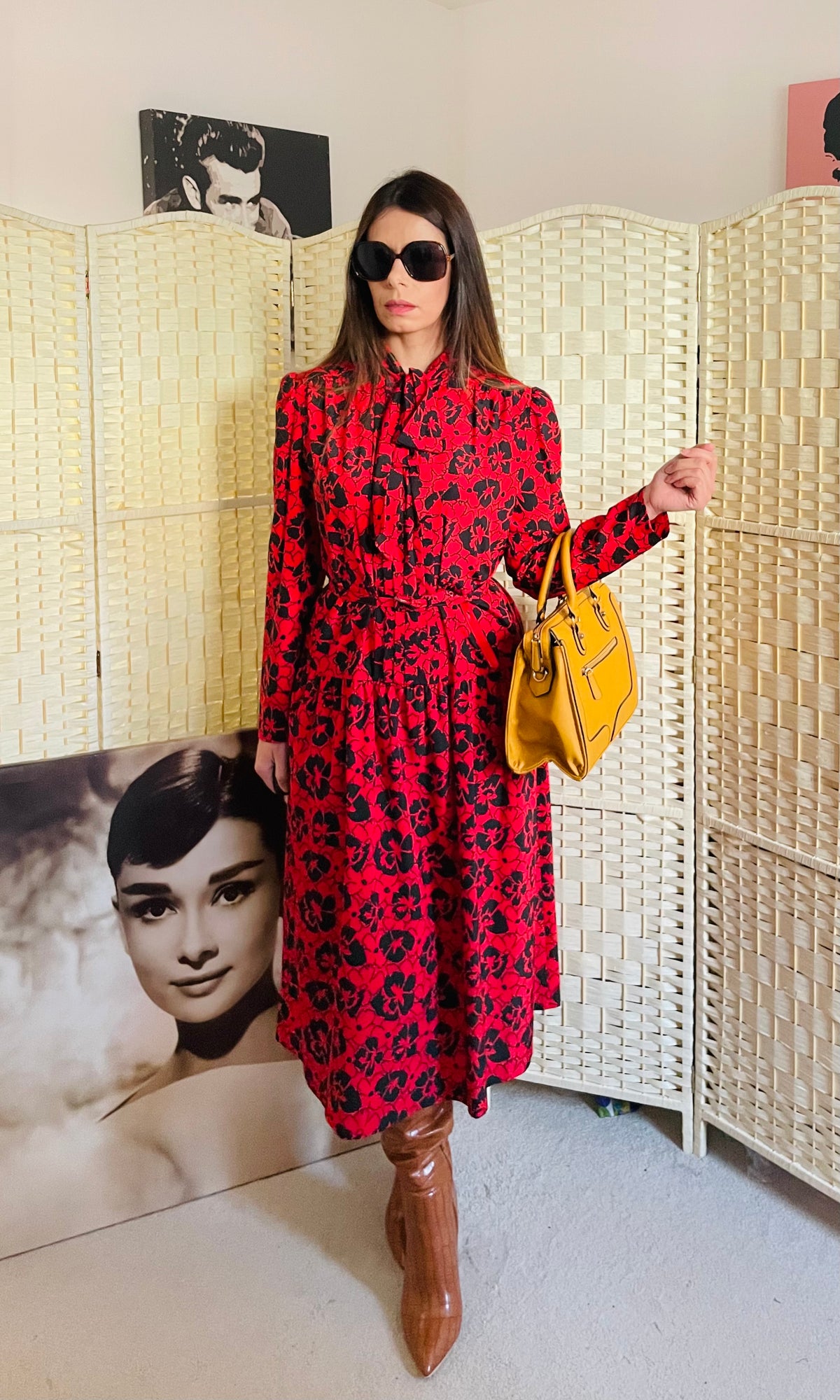 Rent Eastex Vintage red and black printed dress with dropped skirt, front buttons and pussy bow neck. Matching waist belt