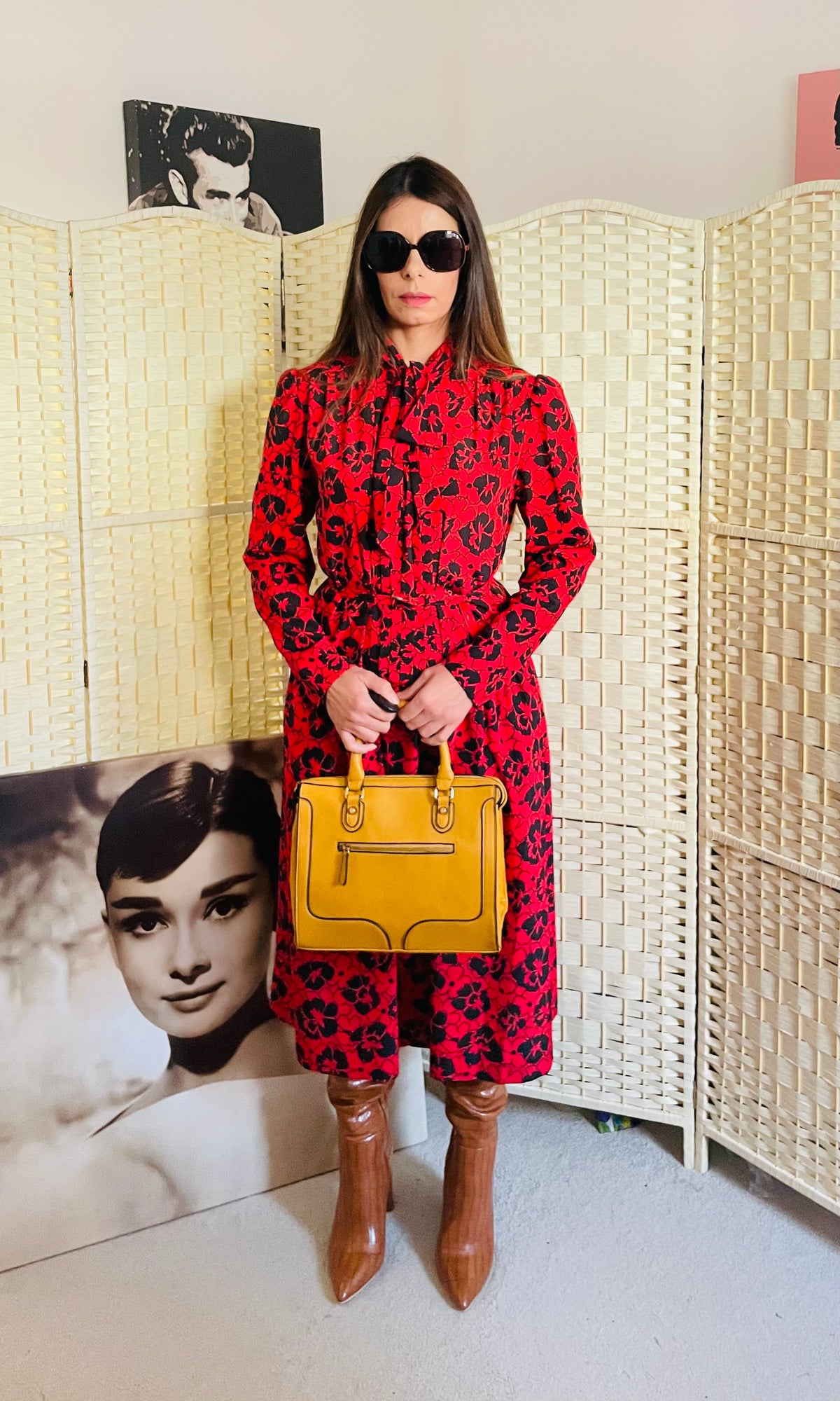 Rent Eastex Vintage red and black printed dress with dropped skirt, front buttons and pussy bow neck. Matching waist belt