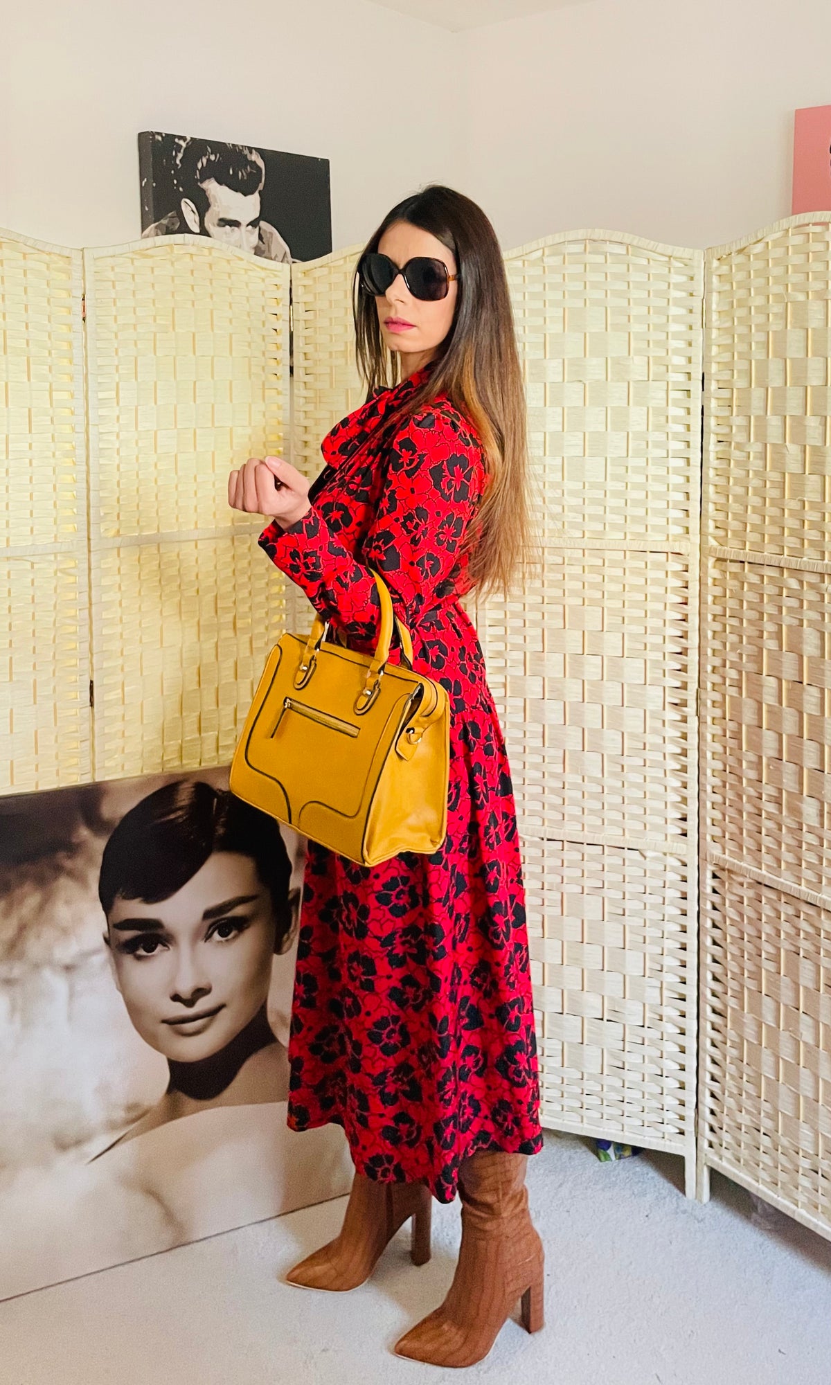Rent Eastex Vintage red and black printed dress with dropped skirt, front buttons and pussy bow neck. Matching waist belt