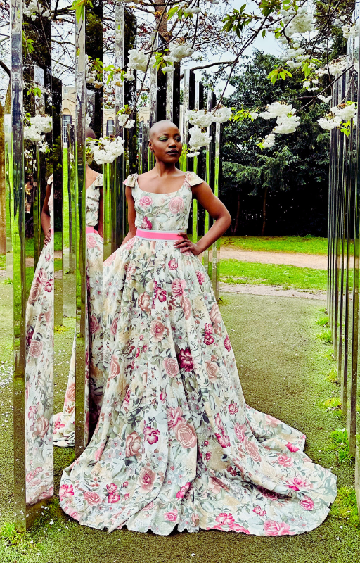 ent upcycled ballgown floral dress in romantic floral print and scoop neck line. 