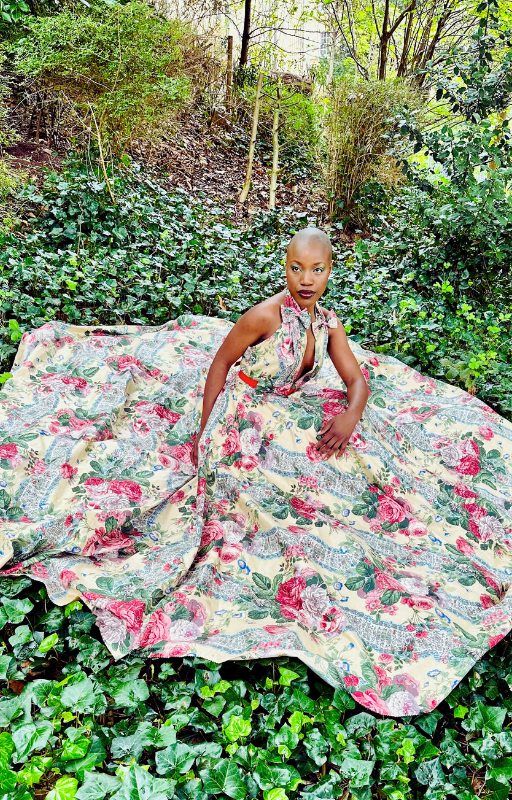 Rent upcycled plunge neck ballgown floral dress in romantic floral print. 