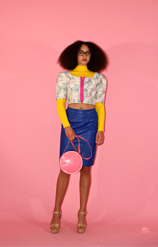 Rent upcycled floral lightweight Top with pink front zip and cobalt blue vintage leather skirt