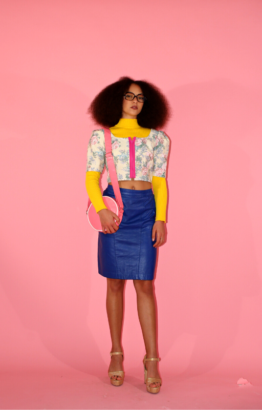 Rent upcycled floral lightweight Top with pink front zip and cobalt blue vintage leather skirt