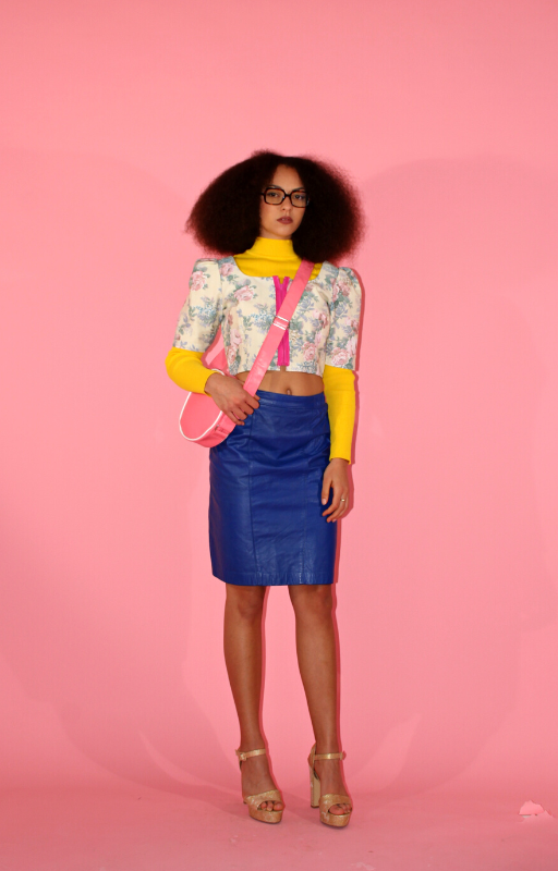 Rent upcycled floral lightweight Top with pink front zip and cobalt blue vintage leather skirt