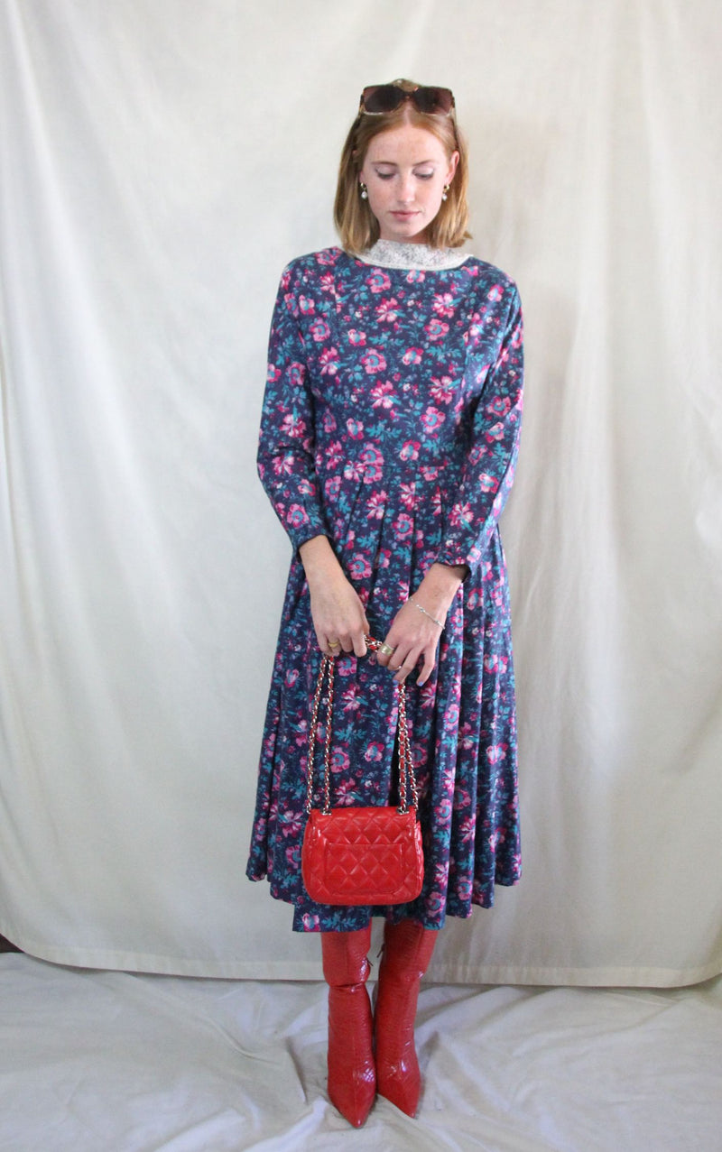 Rent vintage Laura Ashley dress in purple floral print and lace collar