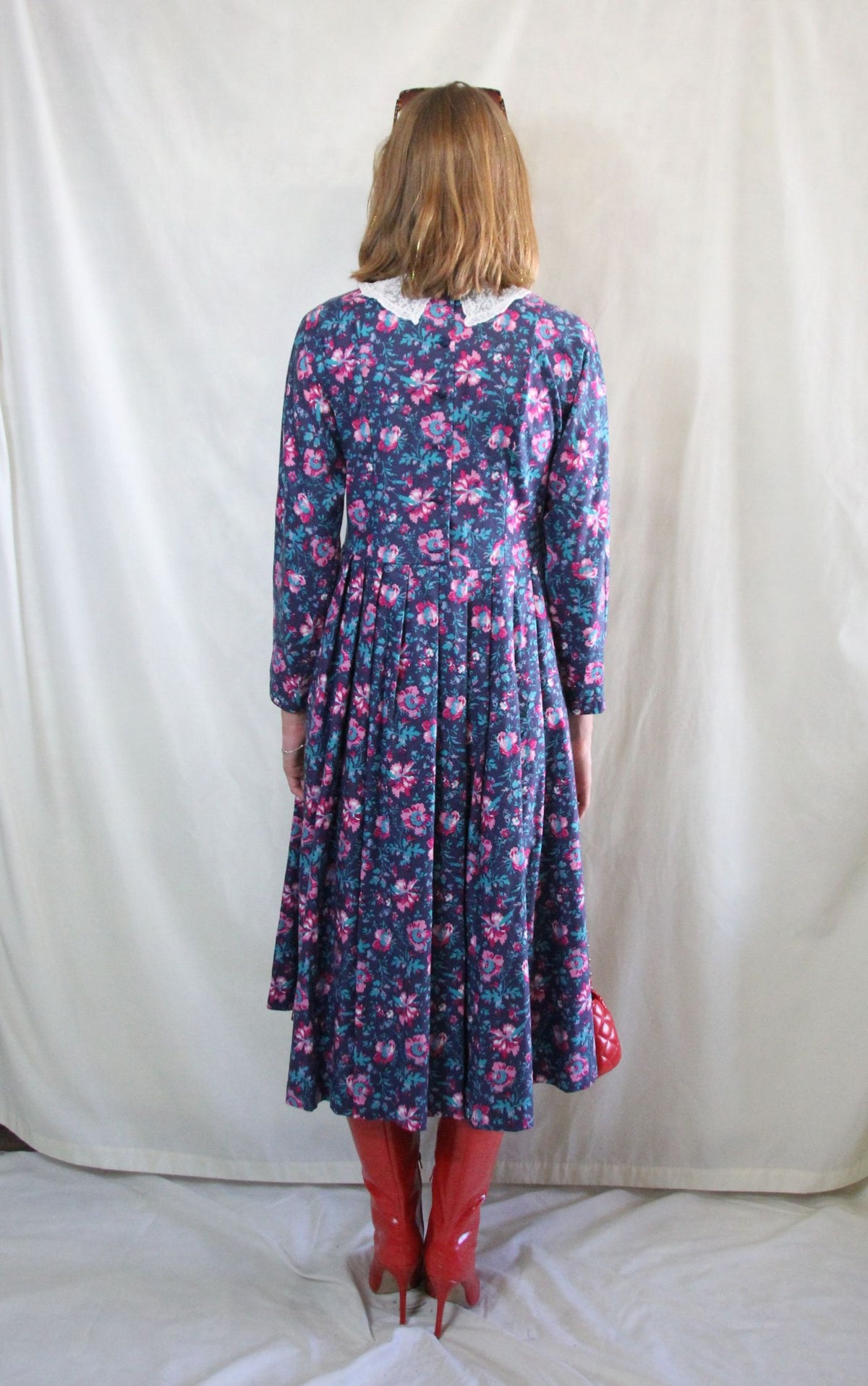 Rent vintage Laura Ashley dress in purple floral print and lace collar