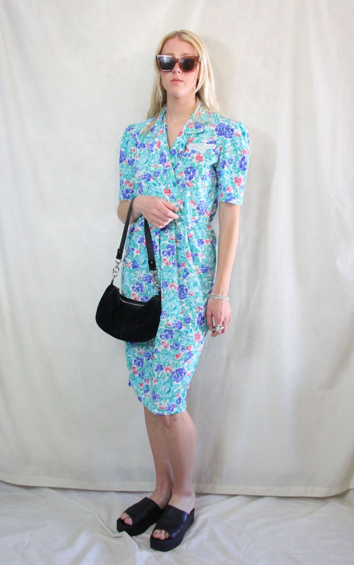 Rent 1950's floral Vintage midi wrap dress in aqua blue, pink and white floral print