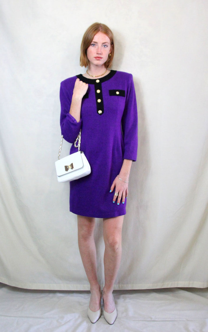 Rent Vintage purple knitted dress with Chanel style buttons and round neckline