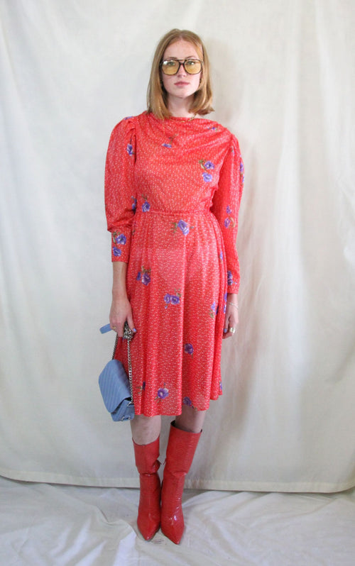 Rent vintage red printed dress with puff sleeves and elasticated waist